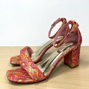 Chelsea Moreland Gala Print Heels, Size‎ 9 W, Floral Colorful Fabric Rhinestones